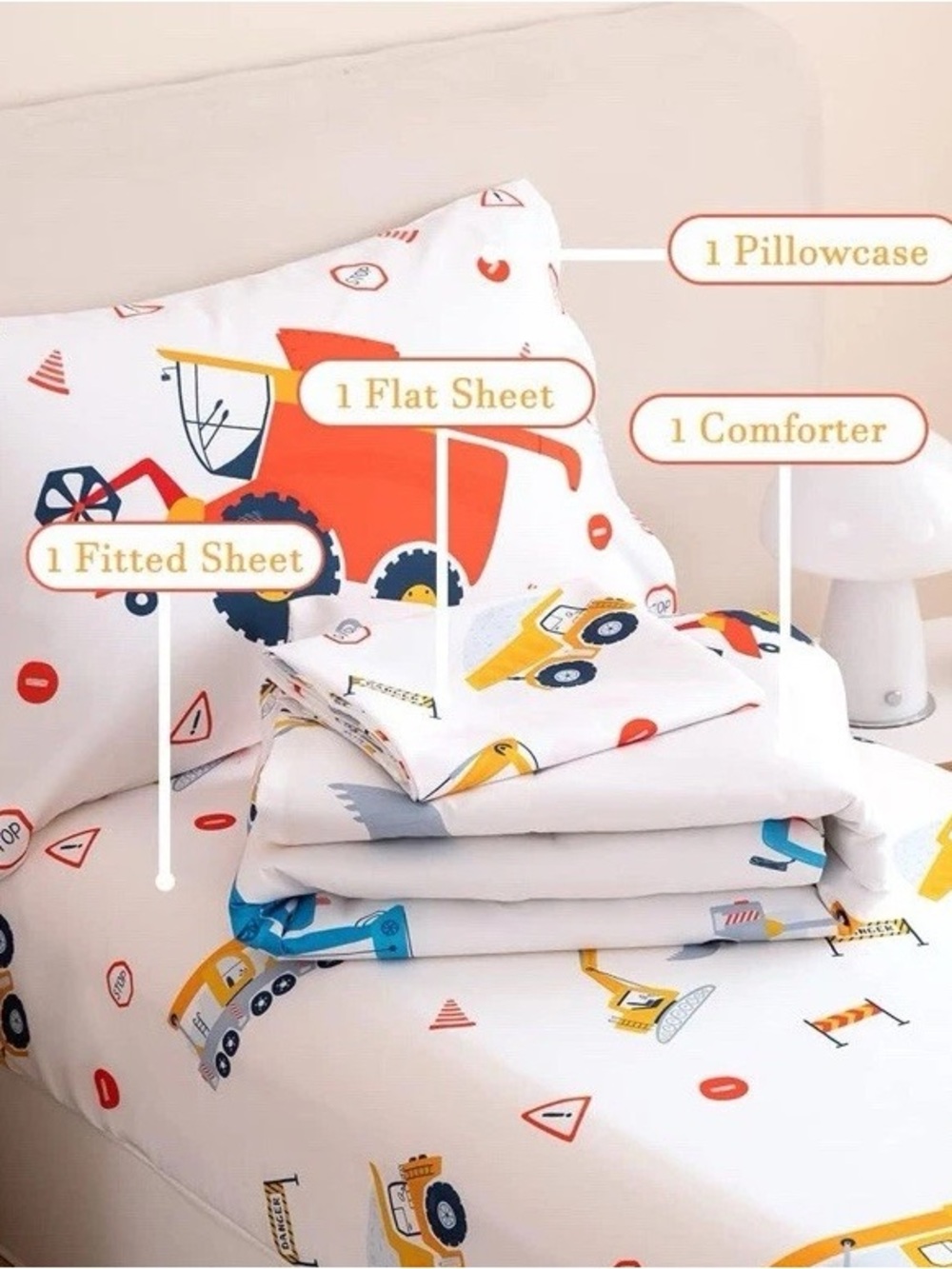 Construction Vehicles Kids Bedding Set - White with Orange, Yellow & Blue - Picture 7 of 8